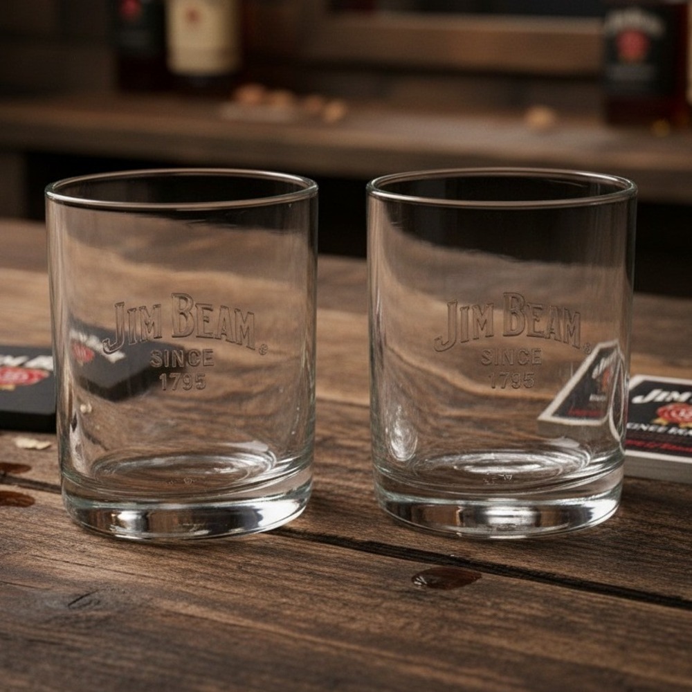 Jim Beam Double Whiskey Rocks Glasses Since 1795 Square Base Lowball Set of 2